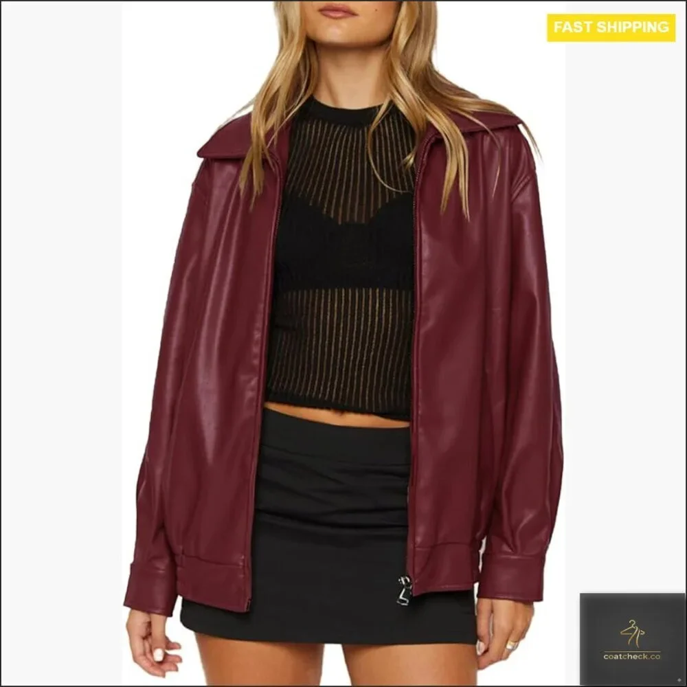 Oversized Faux Leather Bomber Jacket Motorcycle Style with Pockets